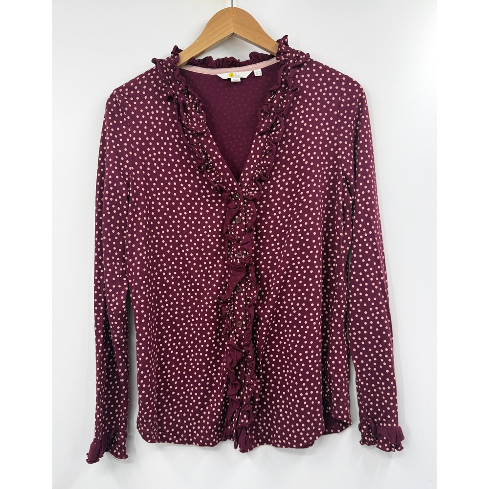 Boden Burgundy Polka Dot Ruffle Neck Button Front Long Sleeve Top US 8
